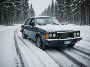 A broken car in the snow.