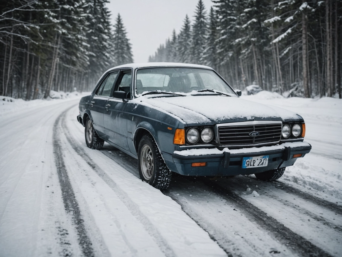 A broken car in the snow.