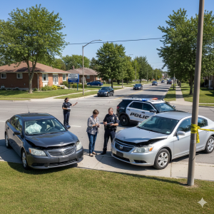 Police taking down notes after collision